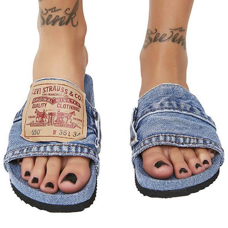 Denim Flat Slides