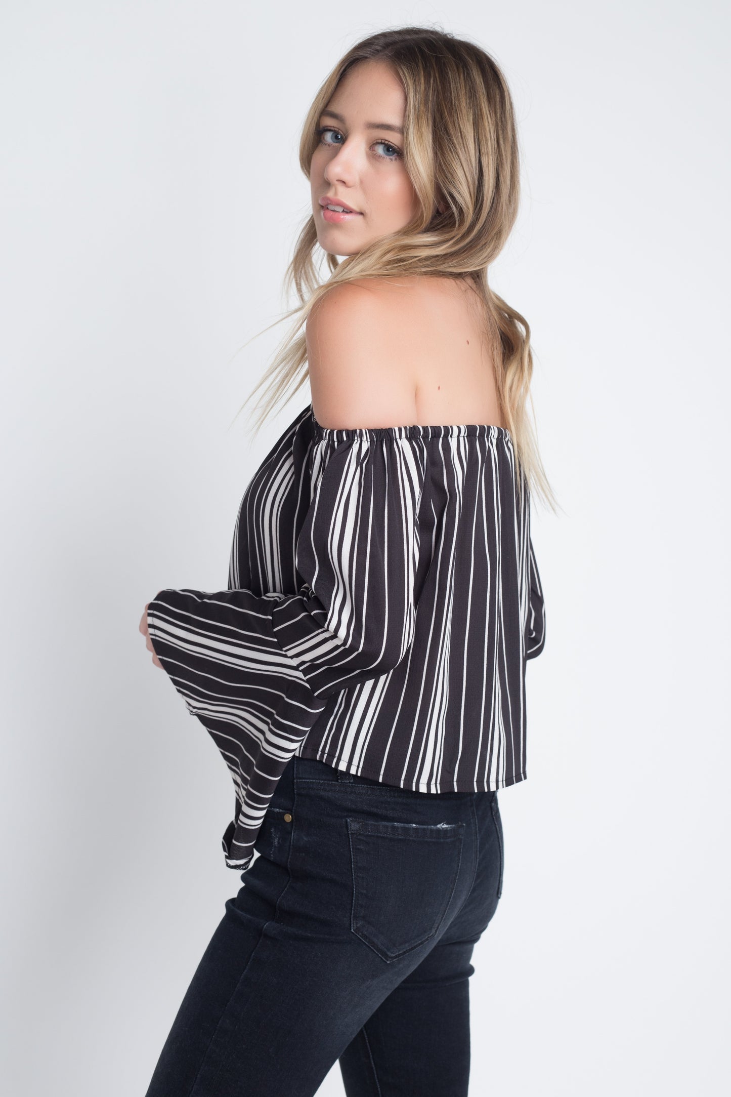 Off Shoulder Casual Stripe Bell Sleeve Top