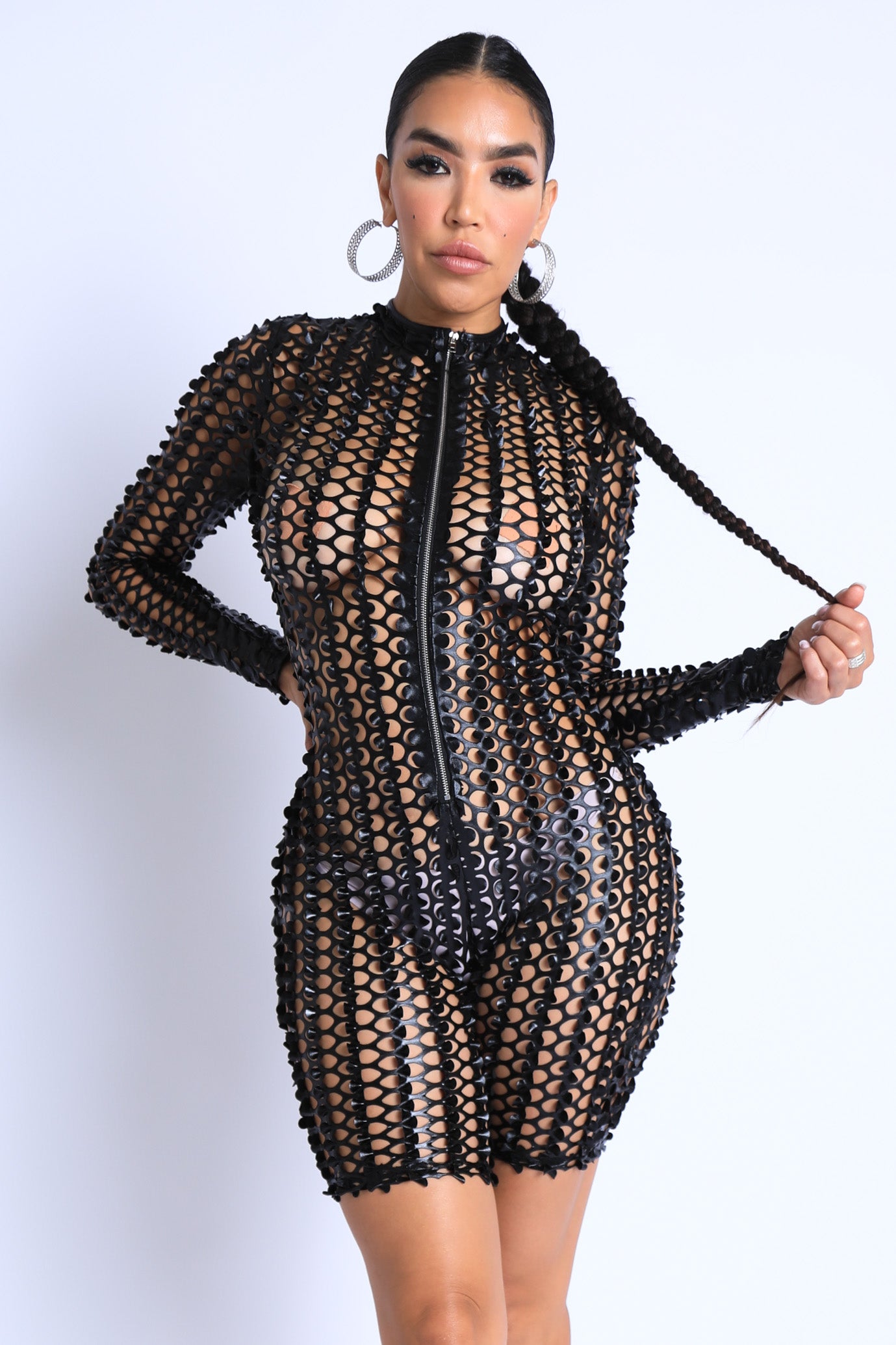 Romper Long Sleeve Cutting Mesh Bodysuit