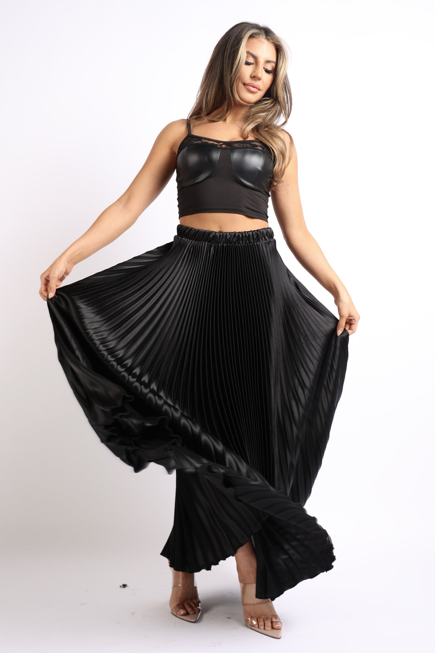 High Waist A-Line Pleated Satin Maxi Skirt