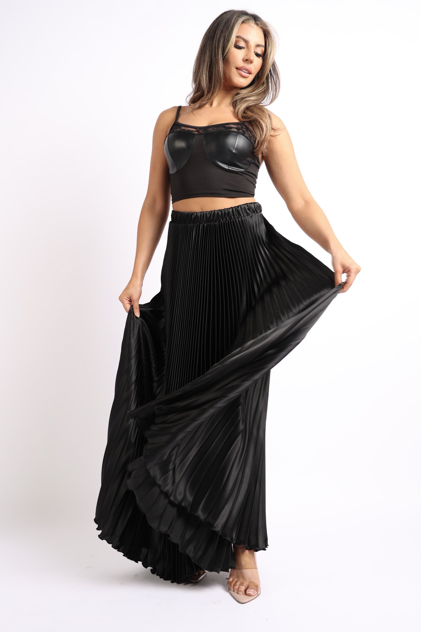 High Waist A-Line Pleated Satin Maxi Skirt