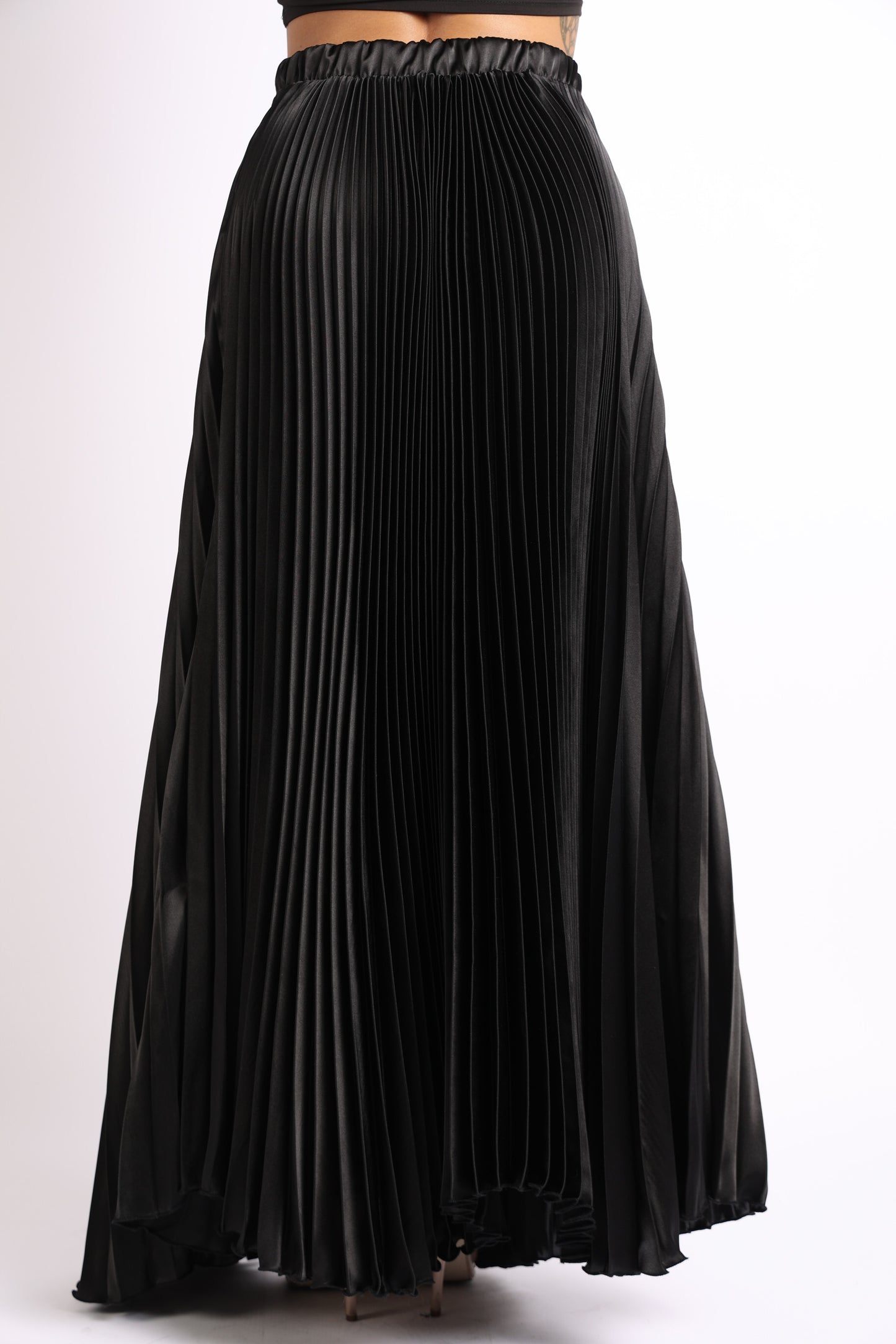 High Waist A-Line Pleated Satin Maxi Skirt