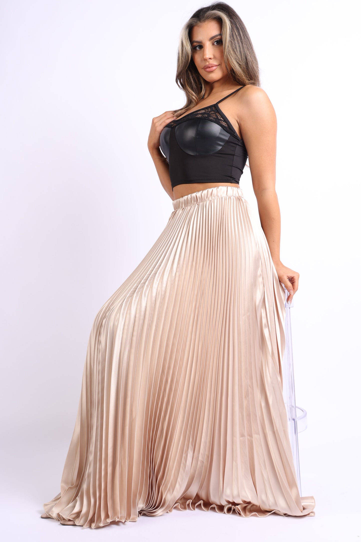 High Waist A-Line Pleated Satin Skirt