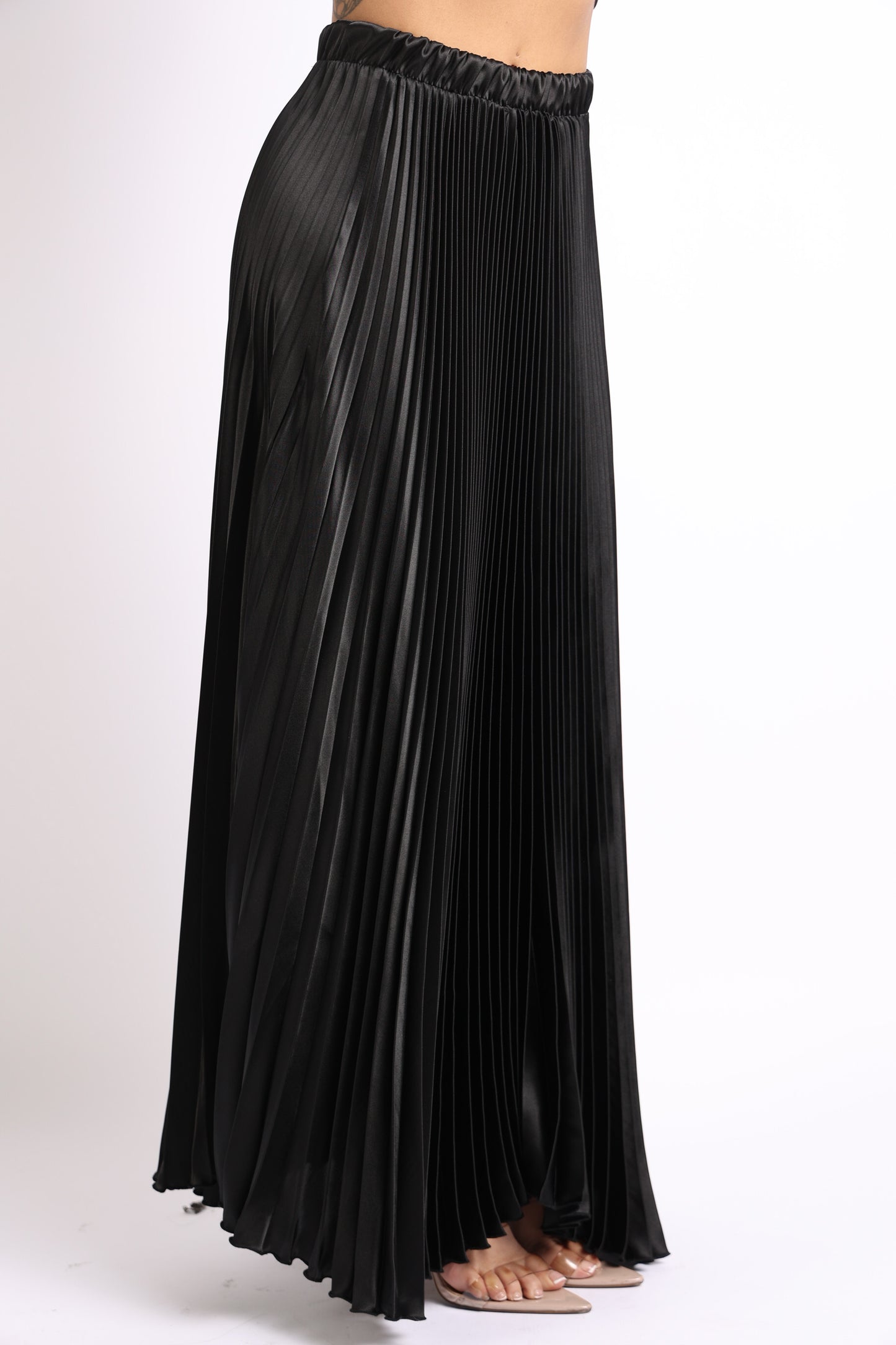 High Waist A-Line Pleated Satin Maxi Skirt