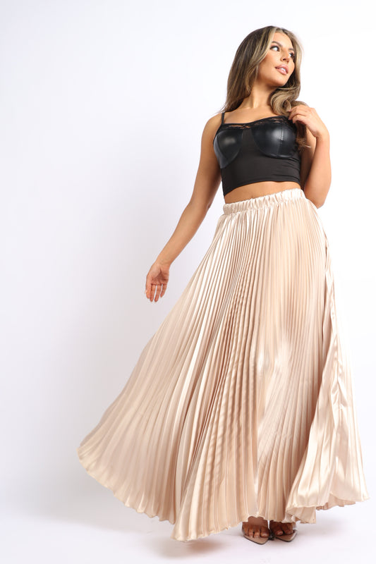 High Waist A-Line Pleated Satin Skirt