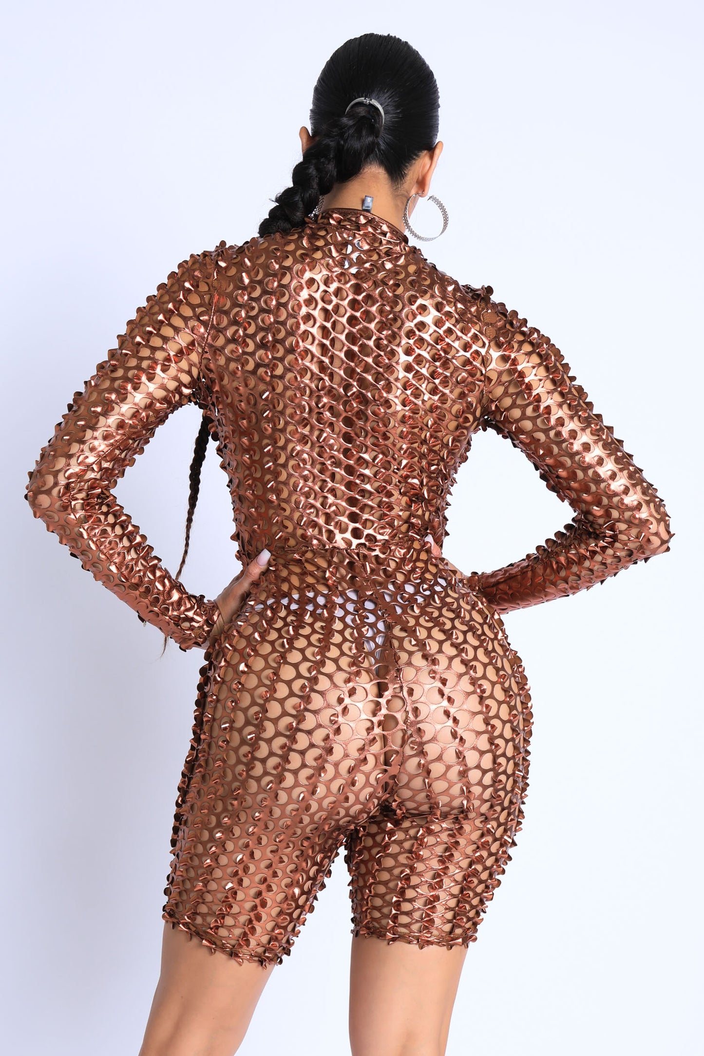 Romper Long Sleeve Cutting Mesh Bodysuit