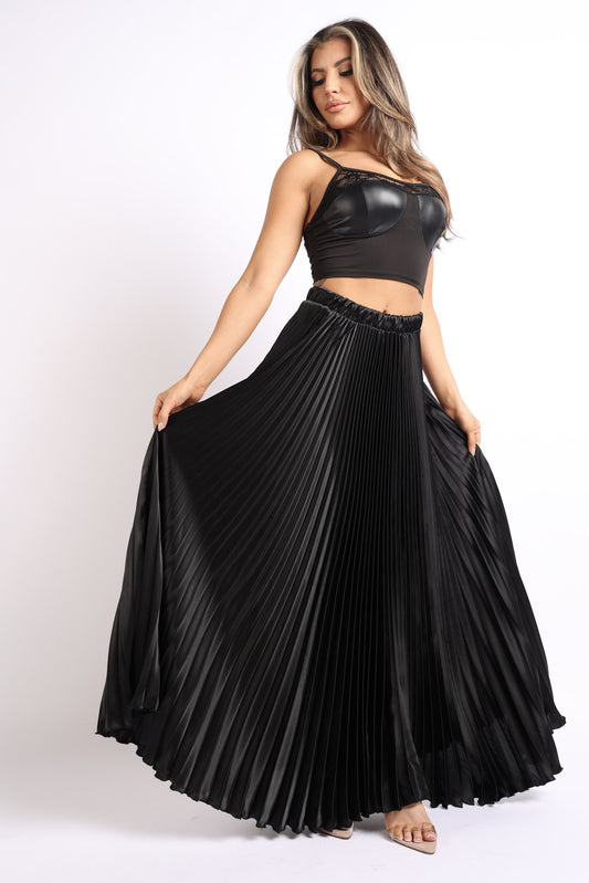 High Waist A-Line Pleated Satin Maxi Skirt