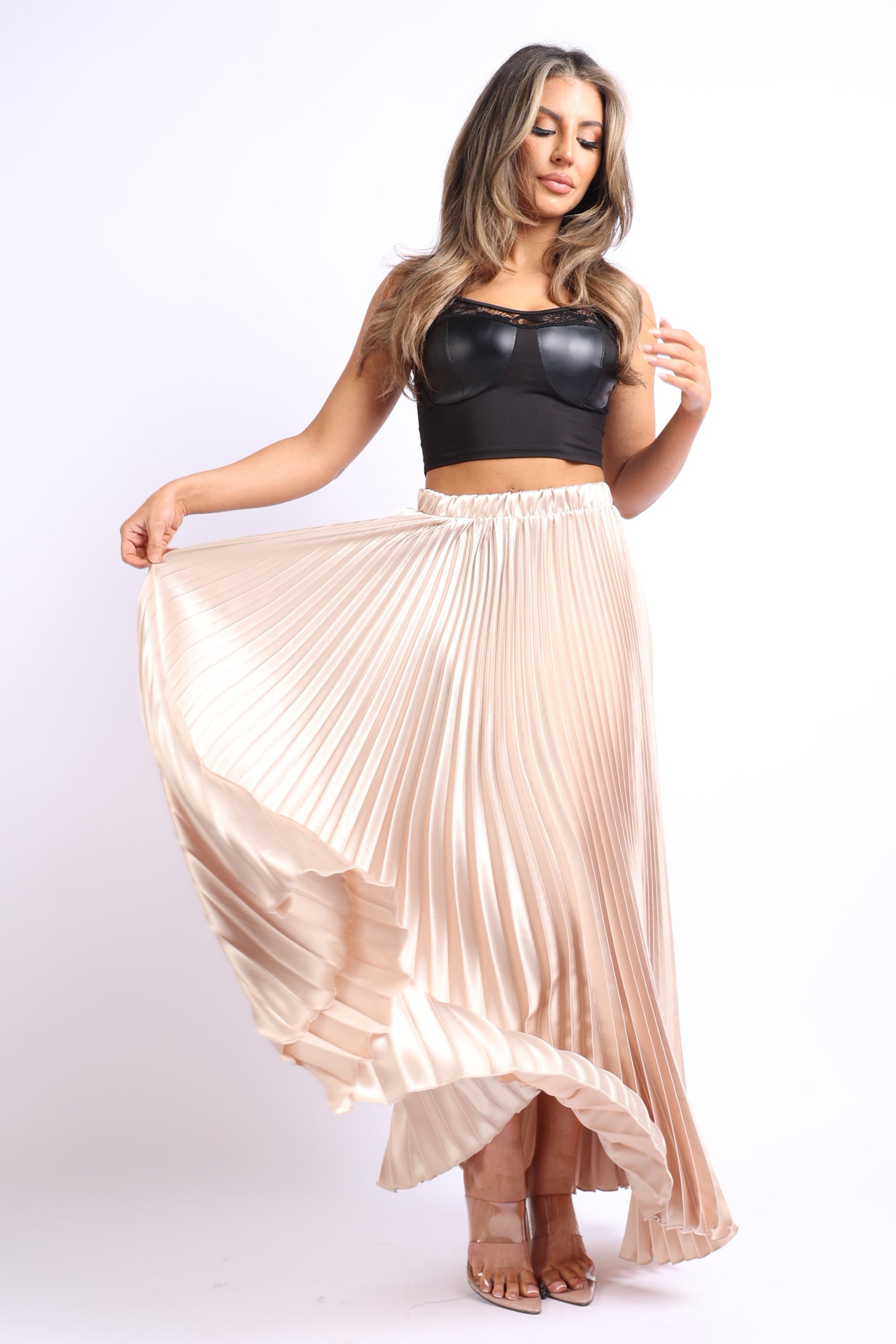 High Waist A-Line Pleated Satin Skirt