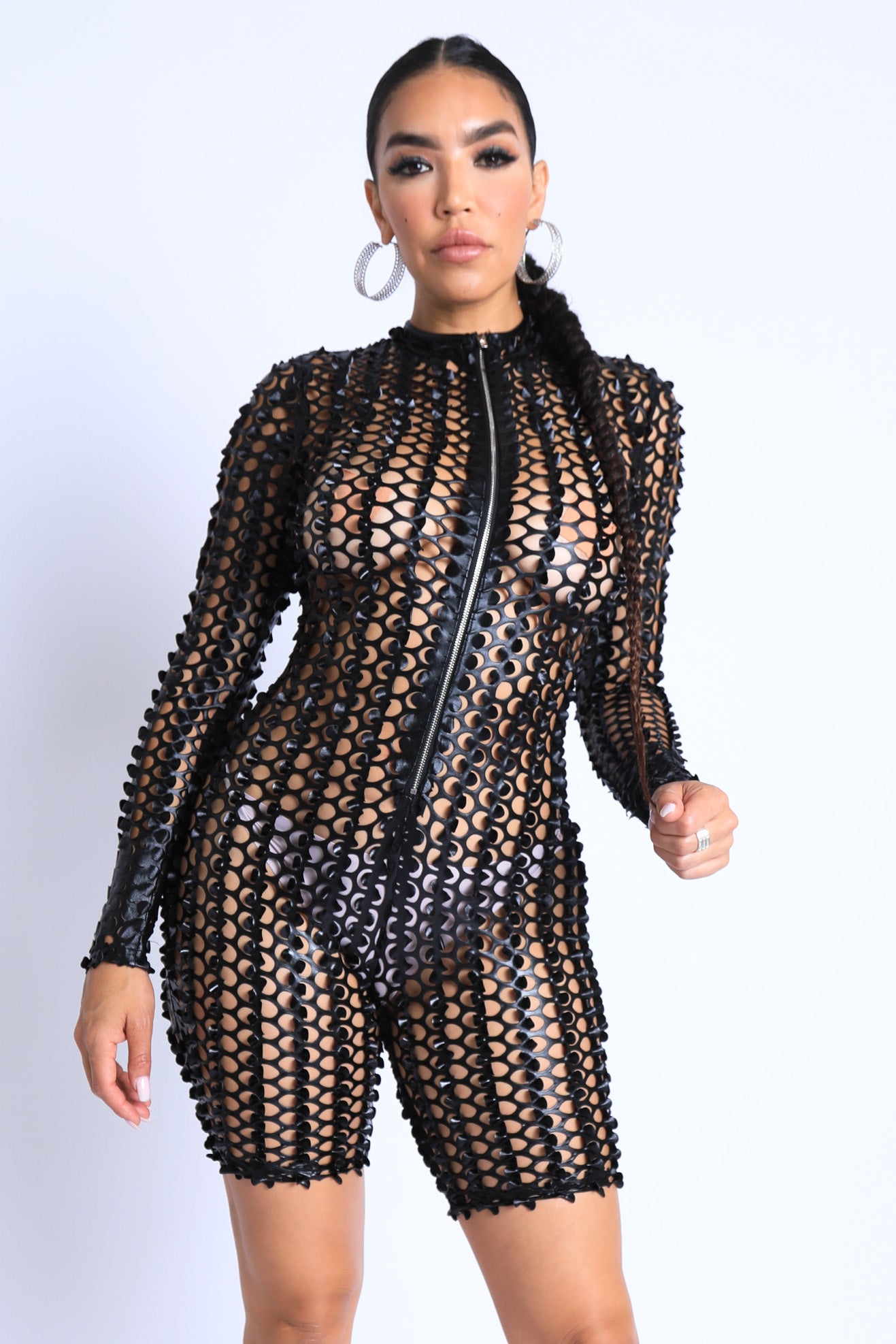 Romper Long Sleeve Cutting Mesh Bodysuit